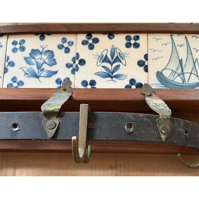 Antique Pot Holder or Coat Rack With 4 Delft Like Blue and White Tiles - Handmade and Mounts on Wall For Sale - Image 12 of 13
