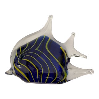 Murano Style Vintage Hand Blown Glass Blue-N-Yellow Angel Fish For Sale