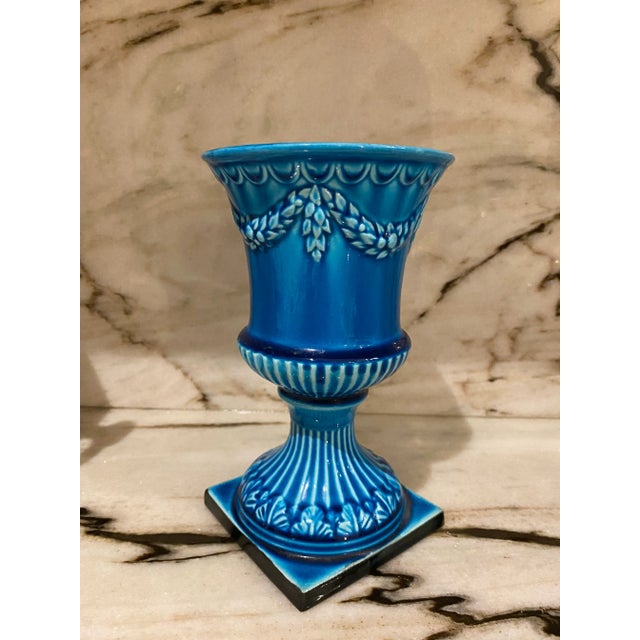 French Vintage Turquoise Porcelain French Vase For Sale - Image 3 of 6