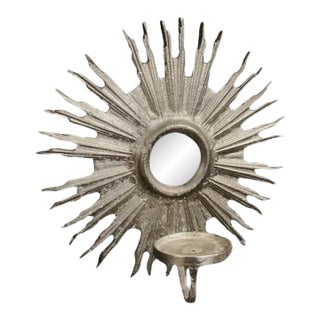 1970s Italian Hollywood Regency Gilt Metal Sunburst Mirrored Wall Candle Sconces — Pair For Sale