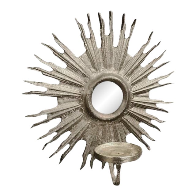 1970s Italian Hollywood Regency Gilt Metal Sunburst Mirrored Wall Candle Sconces — Pair For Sale
