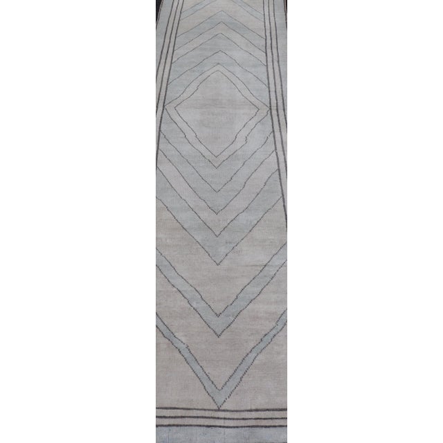 Tribal Vintage Turkish Unique Runner With Modern Design in Lt. Blue, Taupe and Brown For Sale - Image 3 of 11