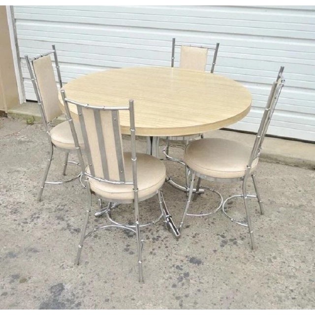 Vintage Hollywood Regency Chrome Metal Faux Bamboo Dining Kitchen Set - 5 Pc Set. Set includes round laminate table top,...