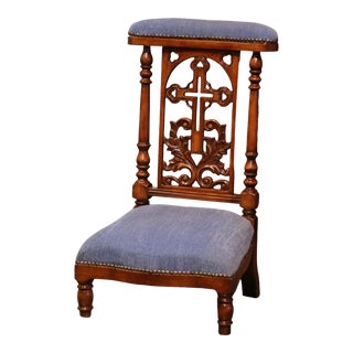 Mid-Century French Louis Philippe Carved Walnut Prayer Bench With Velvet For Sale