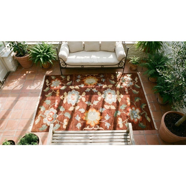 Beautiful Wine Red Color and Floral Iconic Design Antique Chinese Tibetan Rug. For Sale - Image 16 of 18