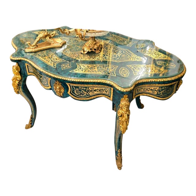 Monumental André Boulle Executive Desk & Dining Table With Glass Top, Gold Leaf & Bronze Details – Emerald Green French Palace Style For Sale
