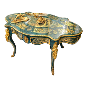 Monumental André Boulle Executive Desk & Dining Table With Glass Top, Gold Leaf & Bronze Details – Emerald Green French Palace Style