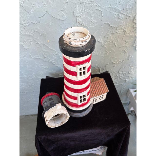 Vintage Cast Iron Lighthouse Sculpture With Removable Top & Tealight Holder – Nautical Coastal Decor For Sale - Image 11 of 12