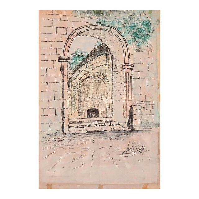 Vintage Signed Architectural Archway Ink and Watercolor Illustration on Paper by Artist Jorge Dunn For Sale