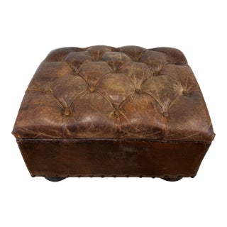 Vintage Restoration Hardware Tufted Leather Ottoman For Sale