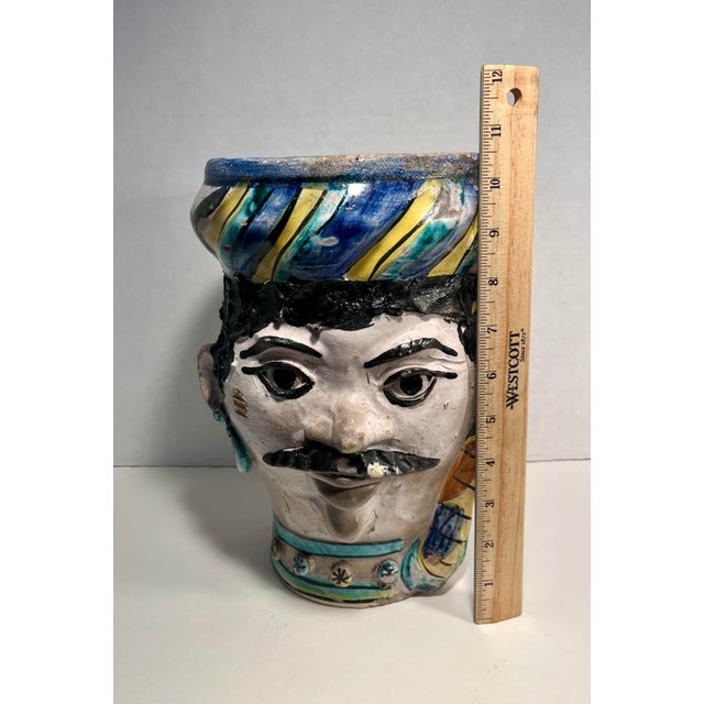 Circa 1950s Sicilian Majolica Moor Head Hand Made Ceramic Vase 10.5"h For Sale - Image 10 of 11