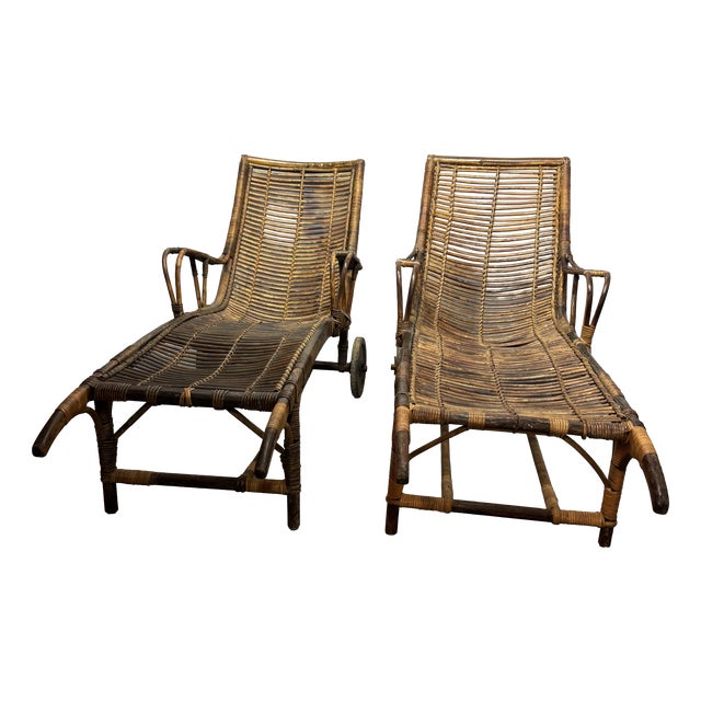 Vintage Bamboo Wheeled Garden Lounge Chairs, 1930, Set of 2 For Sale