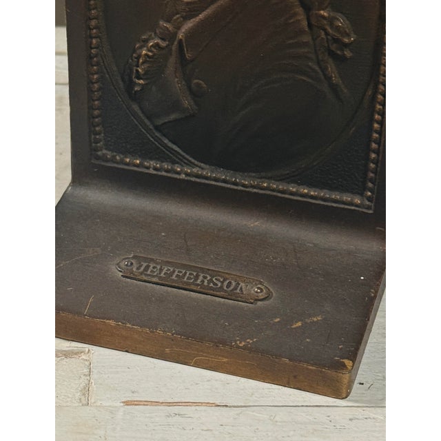 Metal Vintage Pair of Cast Bronze Bas-Relief Thomas Jefferson Portrait Bookends For Sale - Image 7 of 9