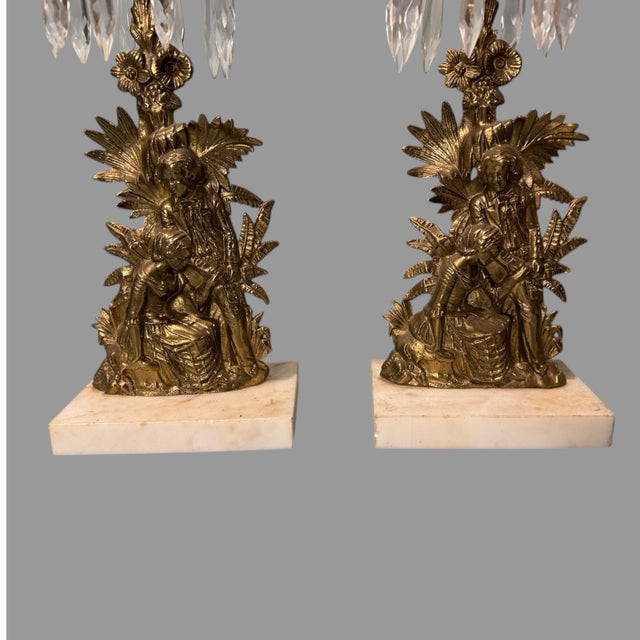 Early 20th Century Pair of Antique Victorian Cast Metal Figural Girandole Candlesticks With Prisms For Sale - Image 5 of 7
