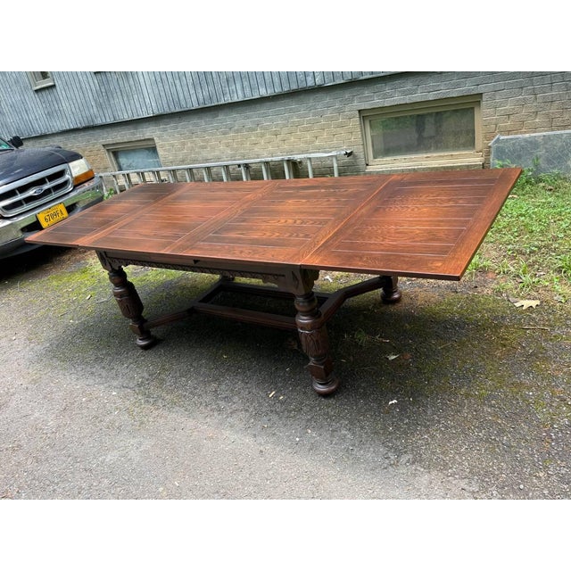 Early 20th Century Antique Jacobean Style Carved Oak Draw Leaf Dining Table For Sale - Image 10 of 16