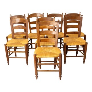 French Straw and Elm Chairs, Late 19th Century, Set of 8 For Sale