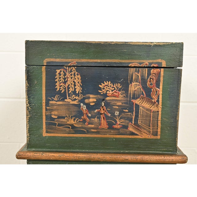 Hollywood Regency Chinoiserie Hand-Painted Green Lacquered and Gold Gilt Chest on Stand For Sale - Image 12 of 16