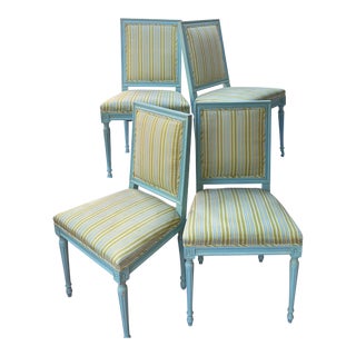 Mid 20th Century French Louis XVI Style Square Back Painted Chairs With Striped Silk, Set of 4 For Sale