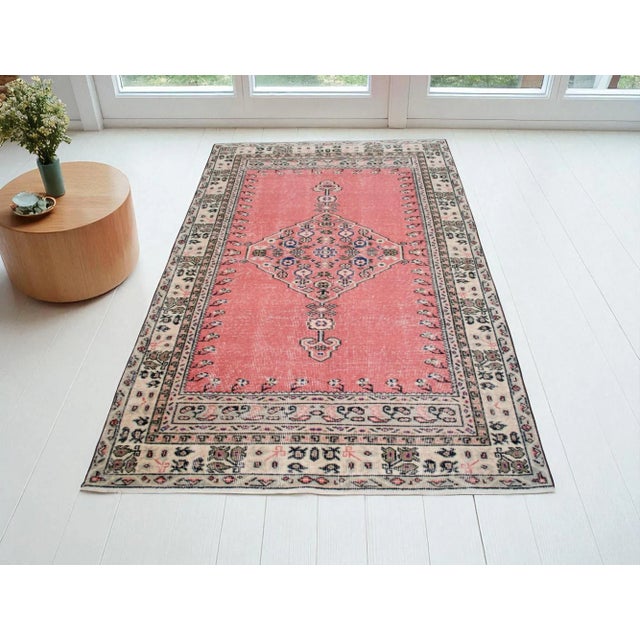 Mid-Century Modern Distressed Area Rug Hand Knotted Muted Color Oushak Medallion Rug - 3'10'' X 6'3'' For Sale - Image 3 of 15