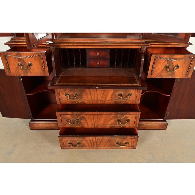 Wood Baker Furniture Style Regency Flame Mahogany Lighted Breakfront Bookcase Cabinet With Drop Front Secretary Desk, Circa 1940s For Sale - Image 7 of 16