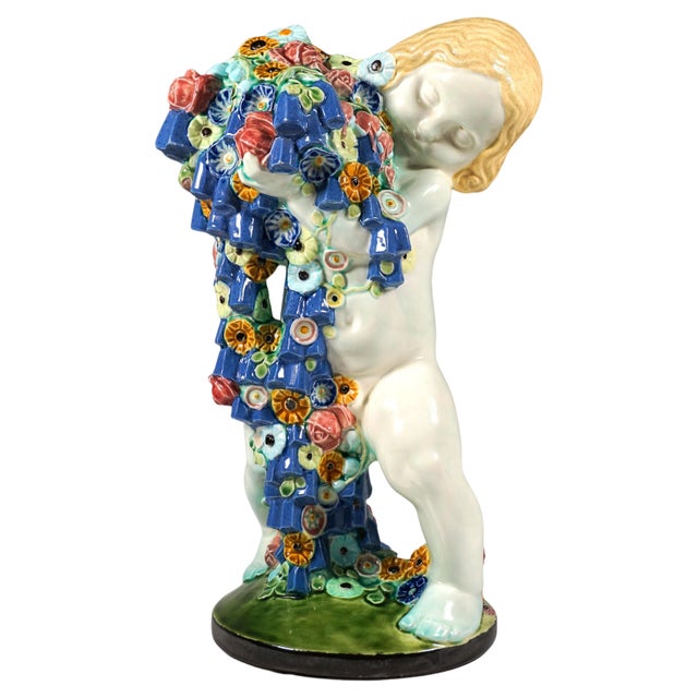 Spring Putto with Flowers in Ceramic attributed to Michael Powolny, Vienna, 1890s For Sale