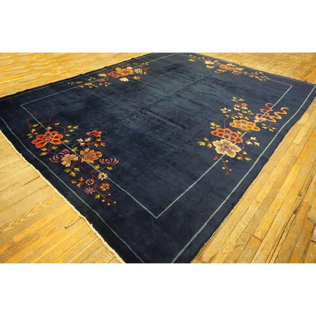 Antique Chinese - Art Deco Allover Floral Blue 1920s Rug, Circa Date: 1920s. This exceptional example of Chinese Art Deco...