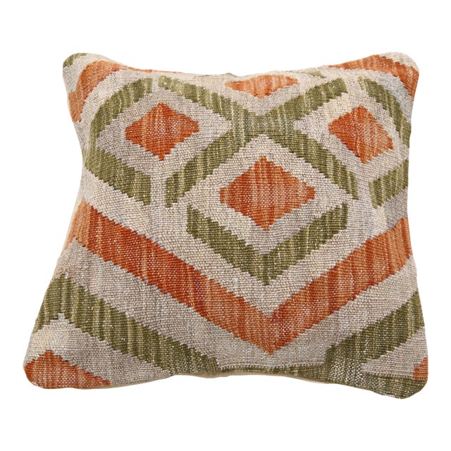 Arteverk Handwoven Afghan Kilim Pillow — Orange & Green Diamonds For Sale