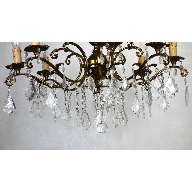 Metal French Brass Crystal Eight-Light Chandelier, 1950s For Sale - Image 7 of 12