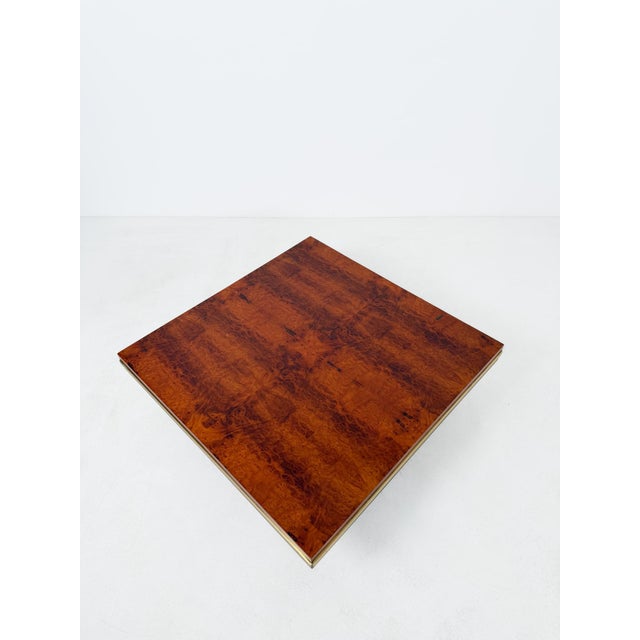 Mid-Century Modern Italian Square Coffe Table in Burl Wood and Brass, 1970s For Sale - Image 11 of 18