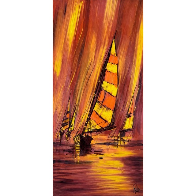 1970s Vintage Mid Century Modern Fiery Orange Abstract Sunset Sailboats Nautical Oil Painting Framed For Sale - Image 9 of 15