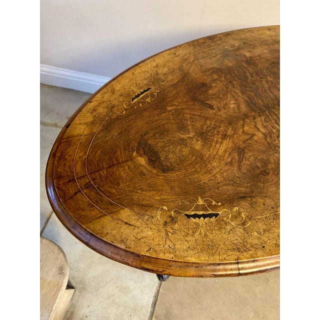 Wood Antique Victorian Burr Walnut Inlaid Oval Occasional Table, 1860 For Sale - Image 7 of 9