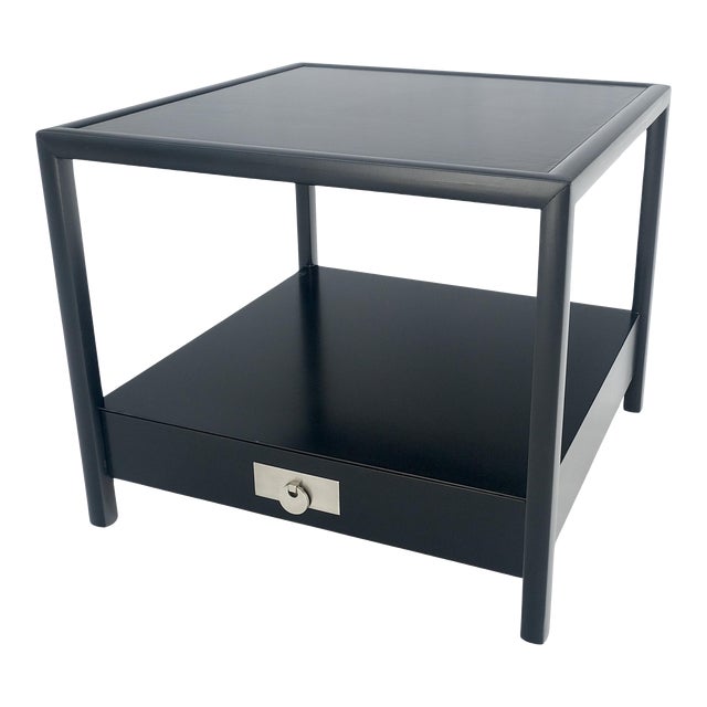 Baker Black Lacquer One Drawer Two Tier Square Side End Table Night Stand For Sale