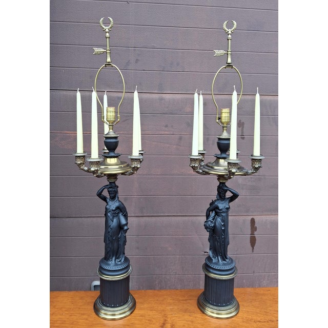 Mid 20th Century Mid 20th Century Pair P Hanson Attributed Napoleon III Gilt and Patinated Bronze Figural Five-Arm Candelabra Lamps For Sale - Image 5 of 16