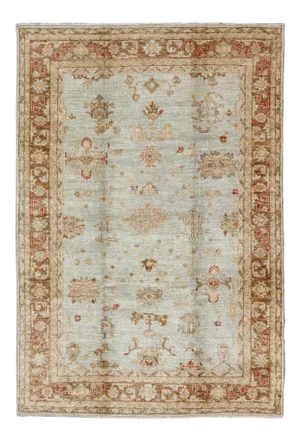Angora Oushak Rug With Sky Blue Field With Accents of Tan and Traditional Design