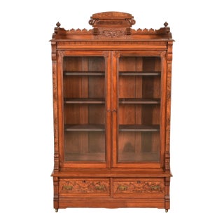 Herter Brothers Style Antique Eastlake Victorian Carved Burled Walnut Bookcase, Circa 1880s For Sale