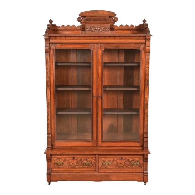Herter Brothers Style Antique Eastlake Victorian Carved Burled Walnut Bookcase, Circa 1880s For Sale