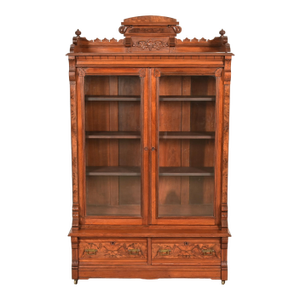 Herter Brothers Style Antique Eastlake Victorian Carved Burled Walnut Bookcase, Circa 1880s