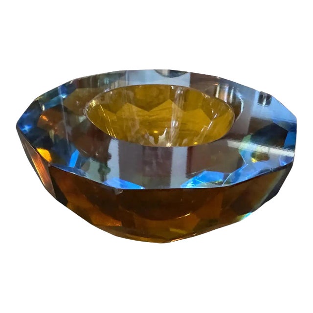 1970s Modernist Blue and Brown Faceted Murano Glass Round Bowl by Mandruzzato For Sale