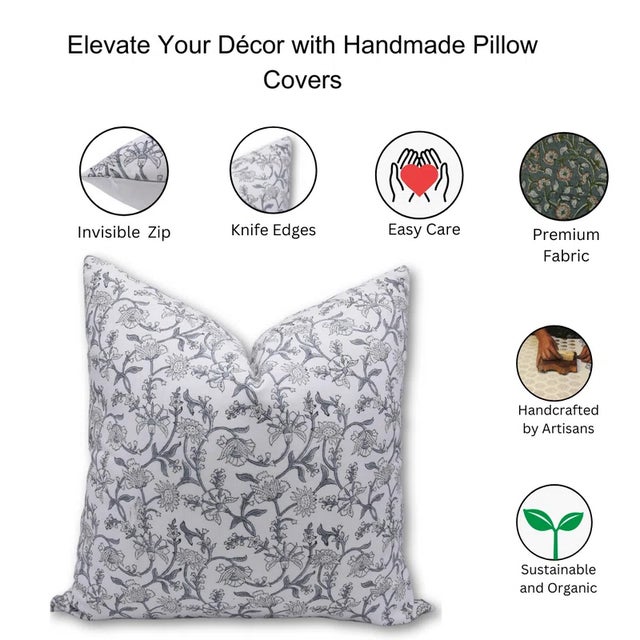 Art Deco Fabdivine Handcrafted Block Print Cushion Cover 26x26 Inch Thick Cotton White- Jaldhara For Sale - Image 3 of 3