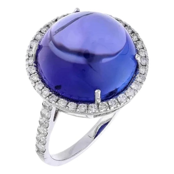 12.88 Ct Natural Tanzanite Cabochon & 0.55 Ct Natural Diamond Ring in 18KW Gold For Sale