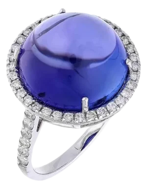 12.88 Ct Natural Tanzanite Cabochon & 0.55 Ct Natural Diamond Ring in 18KW Gold