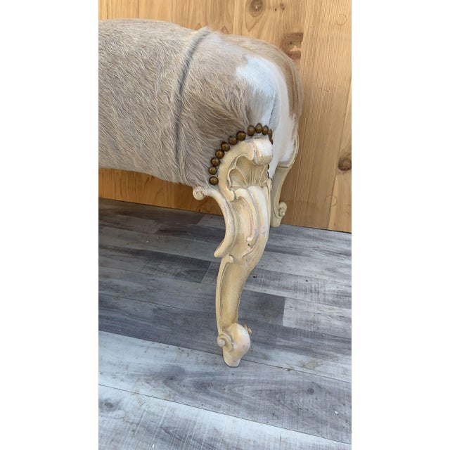Wood Vintage French Provincial Style Tufted Ottoman Newly Reupholstered in Cowhide For Sale - Image 7 of 7