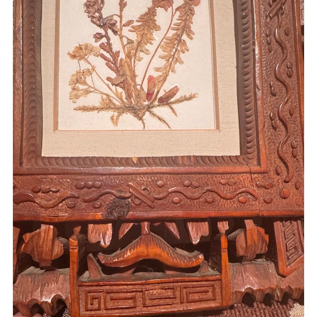 Antique Chinese Hand-Carved Wooden Frame With Carved Figures in Frame and Pressed Flowers. For Sale - Image 4 of 12