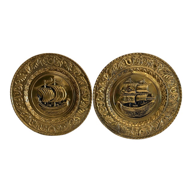 Pair of Vintage English Embossed Brass Ship Plates For Sale