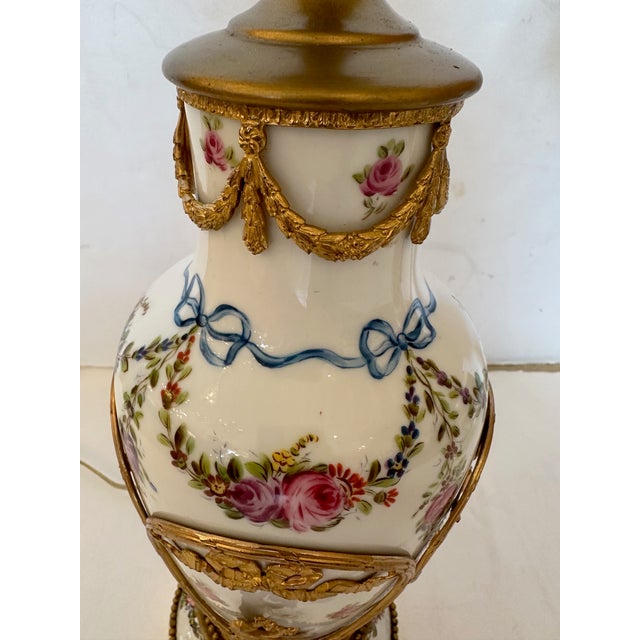 Vintage Porcelain Painted Table Lamps With Brass Overlays -A Pair For Sale - Image 9 of 12