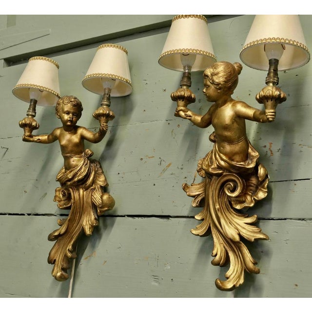Baroque Style Gilt Cherub Wall Lights, 1900, Set of 2 For Sale - Image 6 of 7
