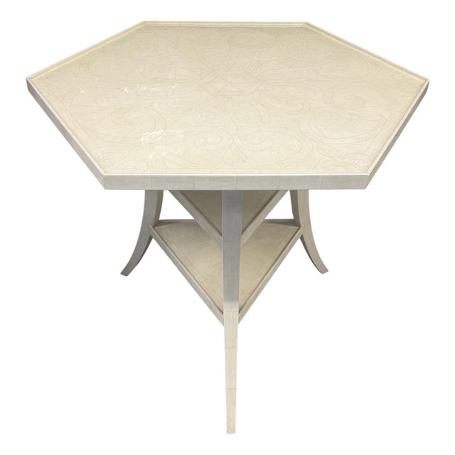Dennis and Leen "Lambert" Faux Ivory Painted Side Table W" Drink Tray For Sale
