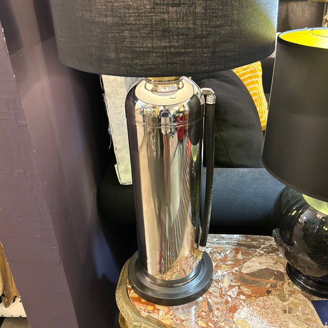 Metal Chrome Repurposed Fire Extinguisher Lamp With Custom Black Shade For Sale - Image 7 of 9