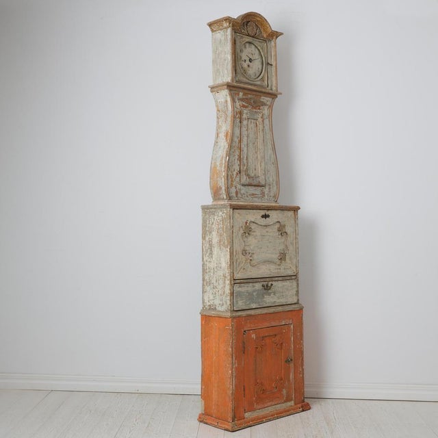 Swedish Narrow Longcase Clock Cabinet with Bureau and Drawers For Sale - Image 5 of 14