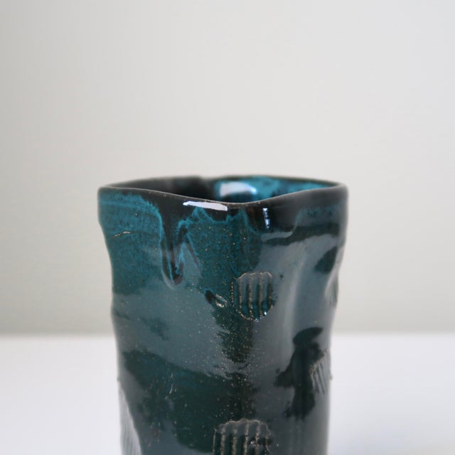 Handbuilt Organic Sculptural Pinched Square Rim Ceramic Vase in Dark Teal Glaze With Ribbed Relief Pattern For Sale - Image 11 of 18